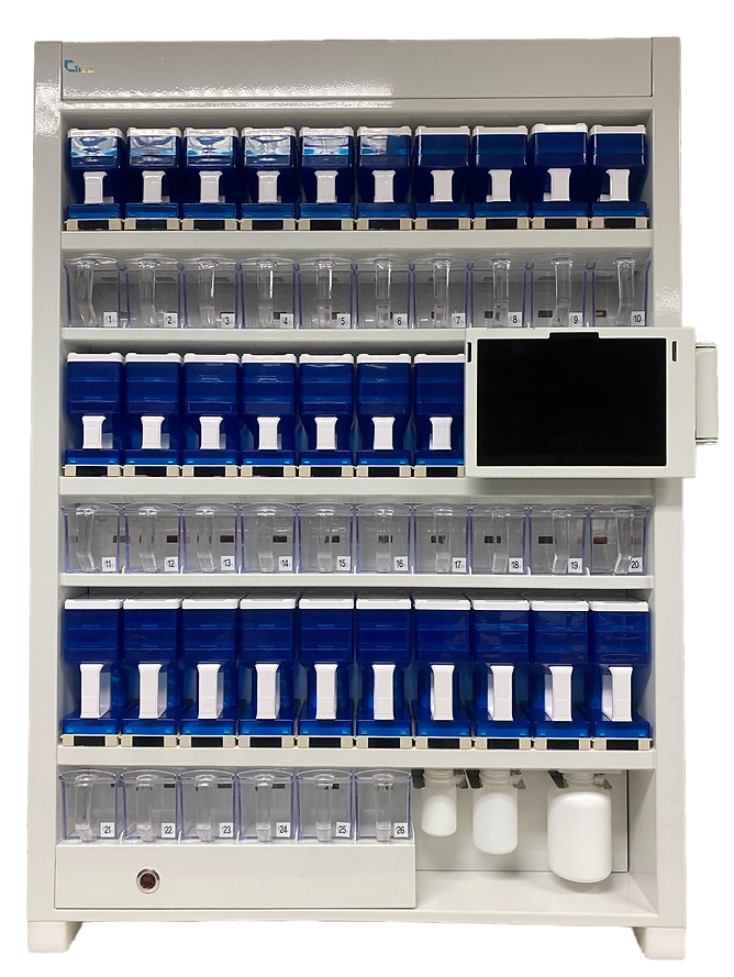 A tablet counting machine-like dispenser with multiple small compartments arranged in rows, each containing a blue container with a white label. There is a digital screen on the right side for improved accuracy and two larger compartments and two white bottles at the bottom, ideal for medication packing.