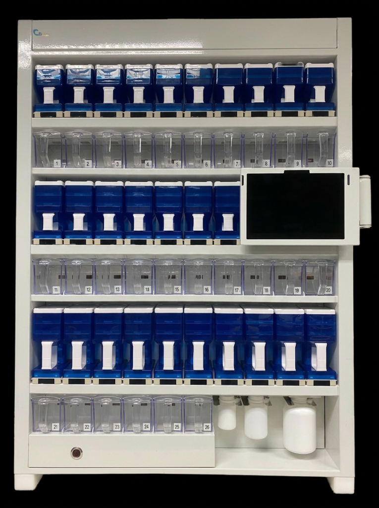 A white medicine dispensing cabinet with multiple rows of blue-lidded compartments containing various medications. There is a black screen on the right side and clear storage bins at the bottom.