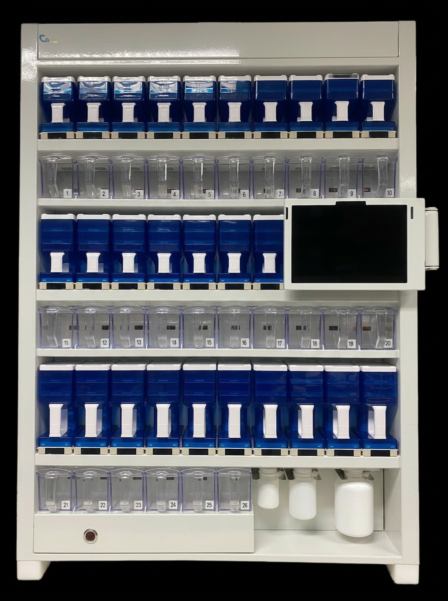 A white medicine dispensing cabinet with multiple rows of blue-lidded compartments containing various medications. There is a black screen on the right side and clear storage bins at the bottom.